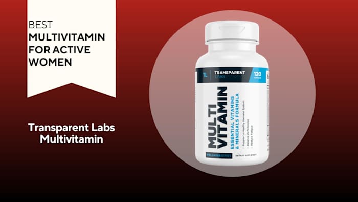 A red banner with a white background that says, "Best Multivitamin for Active Women" next to a white and blue bottle of Transparent Labs Multivitmain